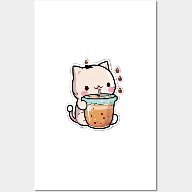 Cute Cat Drinking Bubble Tea Cartoon Boba Drawing Wall Art by kiddo200